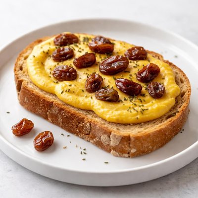 黄油果和葡萄干涂抹的面包片