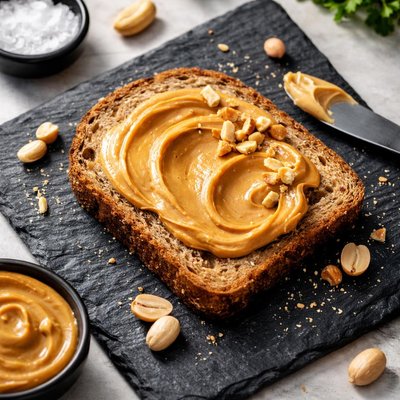 Slice of brown bread with peanut butter