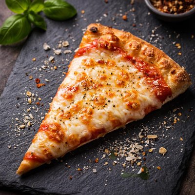 Slice of cheese pizza with tomato sauce