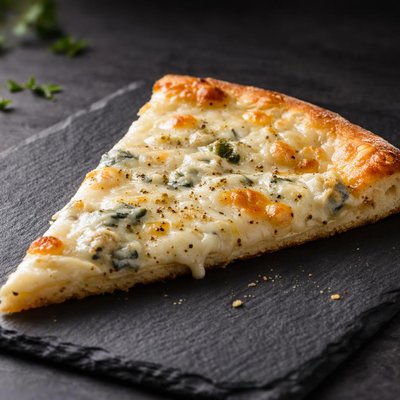 Slice of four cheese pizza