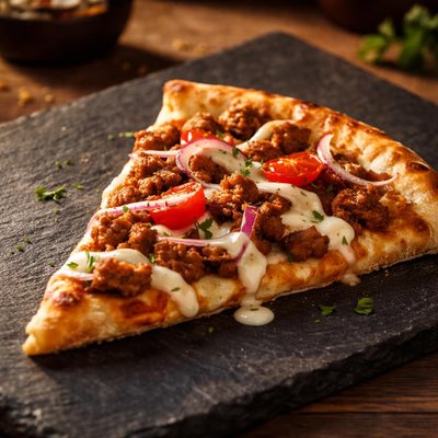 Slice of kebab pizza
