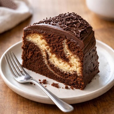 Rebanada de pastel de mármol con glaseado de chocolate