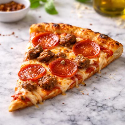 Slice of pepperoni and sausage pizza