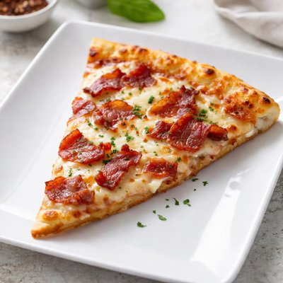 Slice of pizza with bacon and cheese