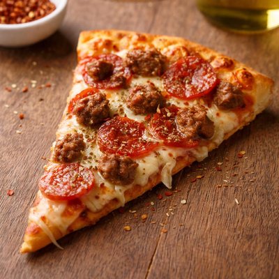 Slice of pizza with cheese and sausage