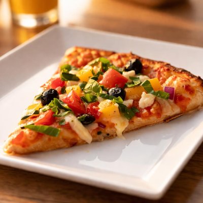 Slice of pizza with diced vegetables
