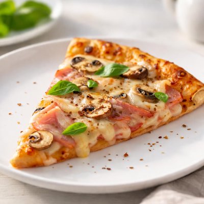 Slice of pizza with ham and mushrooms