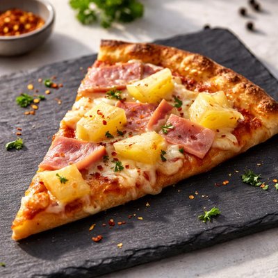 Slice of pizza with ham and pineapple