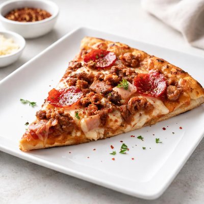 Slice of pizza with meat toppings