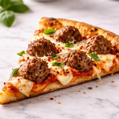 Slice of pizza with meatballs