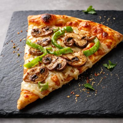 Slice of pizza with mushrooms and green peppers