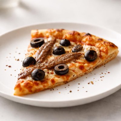 Slice of pizza with olives and anchovies