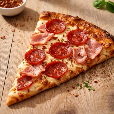 Slice of pizza with pepperoni and ham