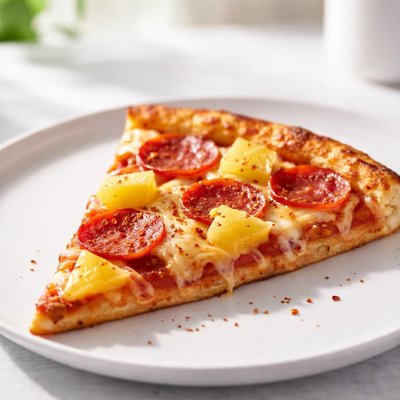 Slice of pizza with pepperoni and pineapple