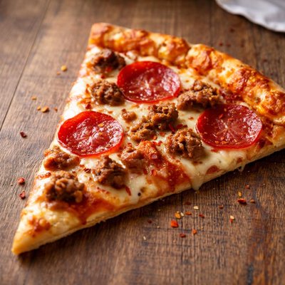 Slice of pizza with pepperoni and sausage