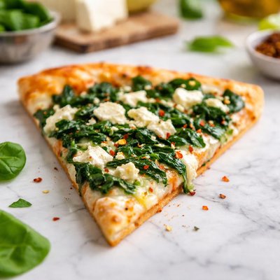 Slice of pizza with spinach and feta