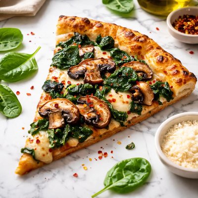 Slice of pizza with spinach and mushrooms
