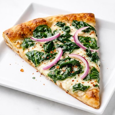 Slice of pizza with spinach and onions