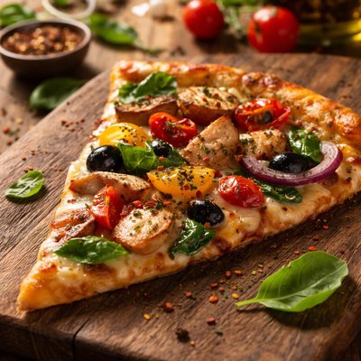Slice of pizza with vegetables and chicken