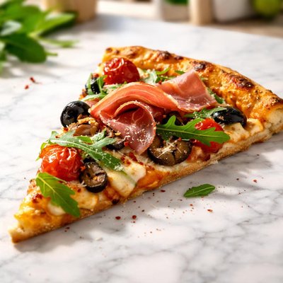 蔬菜火腿披萨 slice of pizza with vegetables and prosciutto