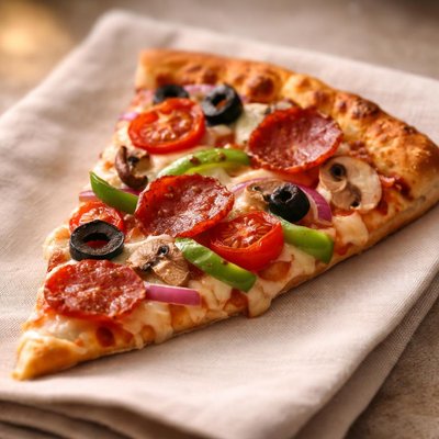 Slice of pizza with veggies and pepperoni