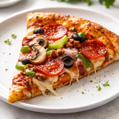 Slice of supreme pizza