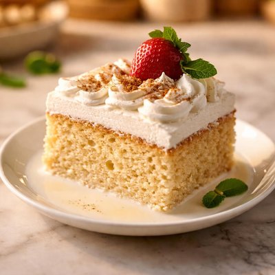 Slice of tre leche cake