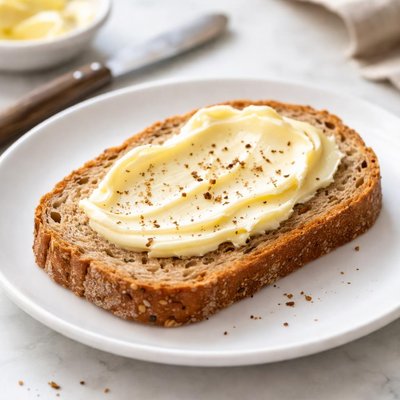 Slice of whole grain bread with butter