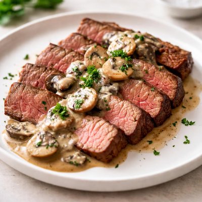 Sliced beef with mushroom sauce
