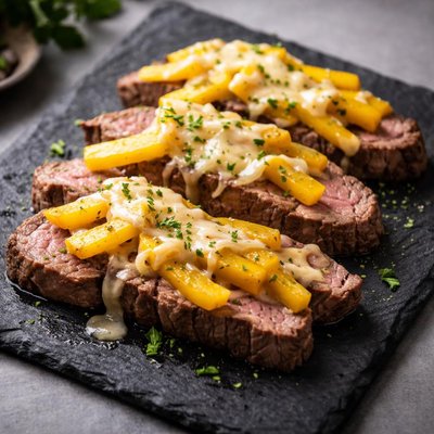 Sliced beef with yellow bell peppers and cheese