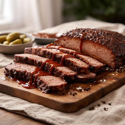 Sliced brisket with barbecue sauce