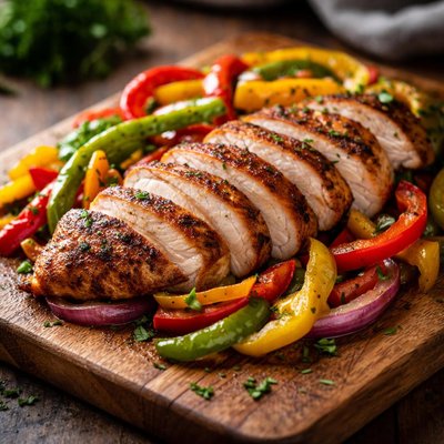 Sliced chicken with bell peppers