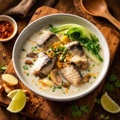 Sliced fish soup with milk