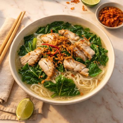 Sliced fish spinach soup with bee hoon