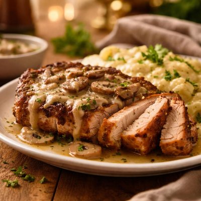 Sliced pork chop with mushroom gravy