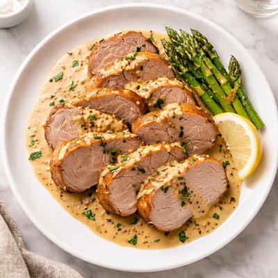 Sliced pork with mustard sauce