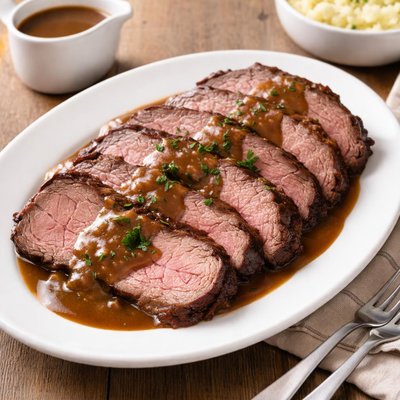 Sliced roast beef with gravy