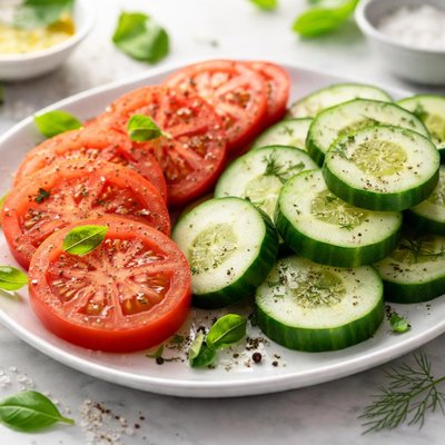 Sliced tomatoes and cucumbers