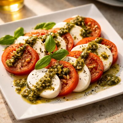 Sliced tomatoes with mozzarella and pesto