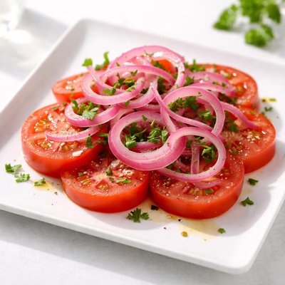 Sliced tomatoes with pickled onions
