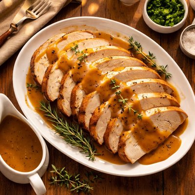 Sliced turkey with gravy