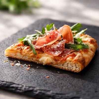 Small piece of prosciutto pizza