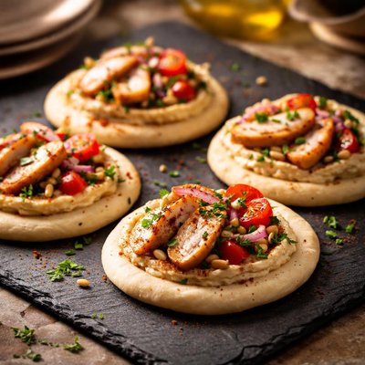 Small pita bread with hummus and chicken breast on each