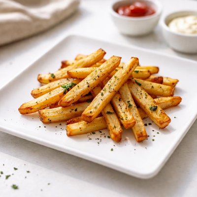 Small serving of french fries baked in oven