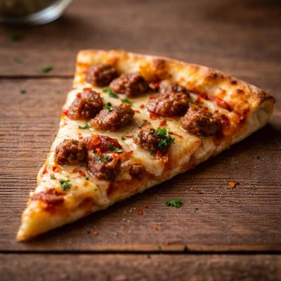 Small slice of pizza with sausage
