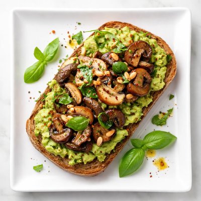 牛油果蘸蘑菇和罗勒酱的吐司