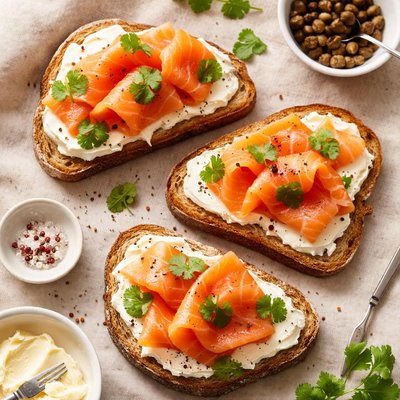 Salmone affumicato su pane con formaggio cremoso e coriandolo