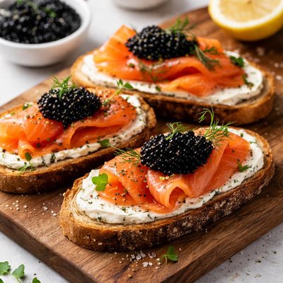 三文鱼烟熏面包配鱼子酱