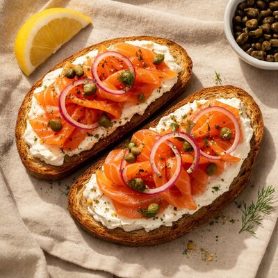 Smoked salmon on toast with cream cheese