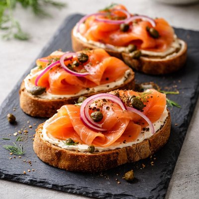 Smoked salmon on toast with red onions